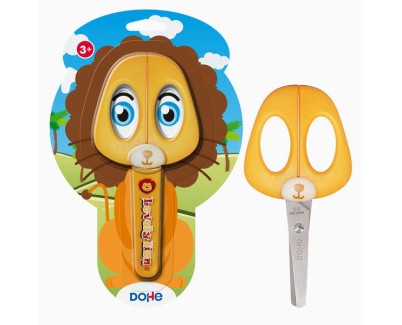 Dohe Tijera Escolar para Ni&ntilde;os - Acero Inoxidable - Puntas Redondeadas - Funda para las Hojas - Dise&ntilde;o Leon
