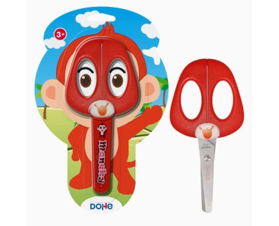 Dohe Tijera Escolar para Ni&ntilde;os - Acero Inoxidable - Puntas Redondeadas - Funda para las Hojas - Dise&ntilde;o Mono