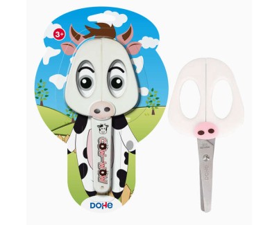 Dohe Tijera Escolar para Ni&ntilde;os - Acero Inoxidable - Puntas Redondeadas - Funda para las Hojas - Dise&ntilde;o Vaca
