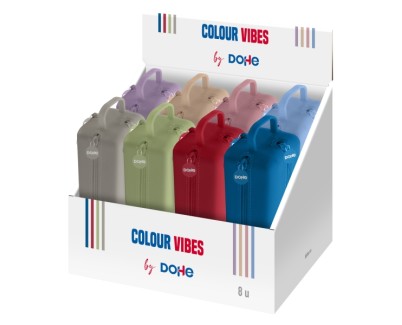 Dohe Vibes Expositor con 8 Portatodo - 4 Cremalleras - Tirador de Goma - Silicona de Tacto Suave - Asa Lateral - Colores Surtidos