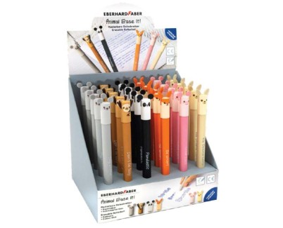 Eberhard Faber Animal Erase It! Expositor con 36 Boligrafos Borrables Tinta Gel Azul - Trazo 0.7mm - Capuchon con Formas de Animales - Tacto Soft