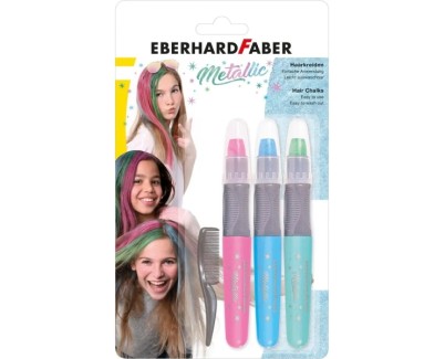 Eberhard Faber Pack de 3 Tizas Metallic para el Cabello + 1 Mini Peine - Aplicar sobre el Cabello Seco - Utilice el Peine para Dispensar el Color - Facil de Lavar - Colores Rosa, Azul, Verde Metalizados