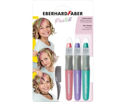Eberhard Faber Pack de 3 Tizas Pastel para el Cabello + 1 Mini Peine - Aplicar sobre el Cabello Seco - Utilice el Peine para Dispensar el Color - Facil de Lavar - Colores Rosa, Violeta, Turquesa Pastel