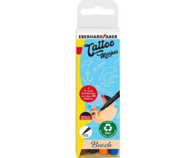 Eberhard Faber Tattoo Marker Beach Pack de 4 Rotuladores para Tatuajes Temporales + 4 Plantillas con mas de 20 Motivos - Secado 5min - Permanencia 60h - Colores Naranja, Marron, Azul y Negro