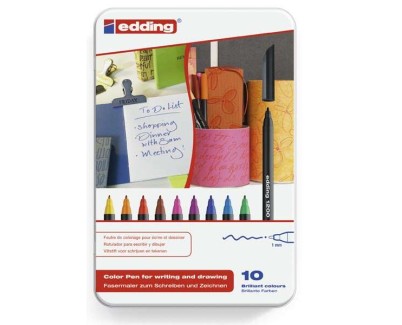 Edding 1200 Caja Metalica con 10 Rotuladores - Punta Redonda - Trazo 1mm - Tinta con Base de Agua
