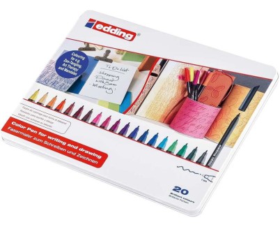 Edding 1200 Caja Metalica con 20 Rotuladores - Punta Redonda - Trazo 1mm - Tinta con Base de Agua - Colores Surtidos