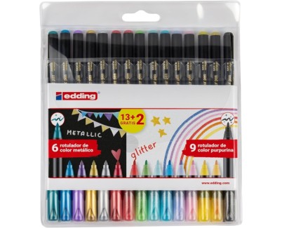 Edding 1200 Metallic and Glitter Pack de 15 Rotuladores - Punta Redonda - Trazo Metallic 1-3mm, Glitter 3mm - Tinta con Base de Agua - Colores Metalicos y Glitter