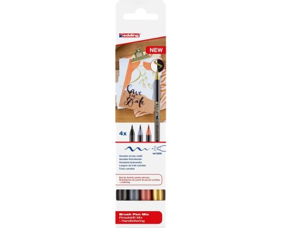 Edding 1340 Brush Pack de 4 Rotuladores - Punta Pincel Flexible - Trazo 1-3mm - Tinta con Base de Agua - Colores Oro, Negro, Gris y Albaricoque