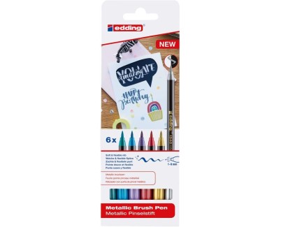 Edding 1340 Brush Pack de 6 Rotuladores - Punta Pincel Flexible - Trazo 1-3mm - Tinta con Base de Agua - Colores Oro, Rojo, Azul, Verde, Gris y Morado
