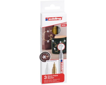 Edding 750 Pack de 3 Rotuladores Permanentes - Punta Redonda - Trazo entre 2 y 4 mm. - Tinta Opaca - Secado Rapido - Colores Blanco, Plata y Oro