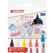 Edding 95 Pack de 6 Rotuladores de Tiza Liquida - Punta Redonda - Trazo 1.5-3mm - Colores Blanco, Amarillo, Negro, Naranja, Rosa y Azul