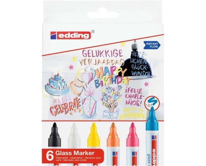 Edding 95 Pack de 6 Rotuladores de Tiza Liquida - Punta Redonda - Trazo 1.5-3mm - Colores Blanco, Amarillo, Negro, Naranja, Rosa y Azul