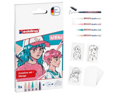 Edding Set Acrilico Manga Pack de 4 Rotuladores 5300 + 1 Rotulador 1800 + 6 Tarjetas en Blanco + 3 Plantillas + 1 Folleto con Instrucciones - Colores Surtidos