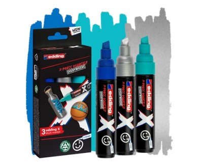 Edding X 6900 Oceano Pack de 3 Rotuladores Multisuperficie Permanentes de Tinta Opaca - Punta Biselada con Trazo 2-10mm - Color Azul, Plata y Turquesa