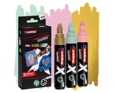 Edding X 6900 Pastel Pack de 3 Rotuladores Multisuperficie Permanentes de Tinta Opaca - Punta Biselada con Trazo 2-10mm - Color Oro, Verde Menta y Rosa Pastel