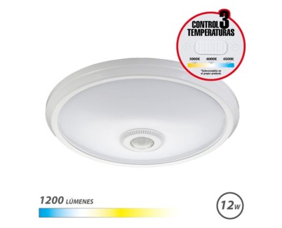 Elbat Aplique de Superficie LED 12W - 1200Lm - Selector 3 Temperaturas - Sensor de Luz Ambiental - Temporizador - Color Blanco