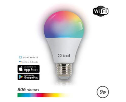 Elbat Bombilla LED Smart Wi-Fi A60 E27 9W 806lm RGB - Temperatura 2700K a los 6000K - Control de Voz - Control Remoto - 3 Modos de Color: Frio, Natural y Calido