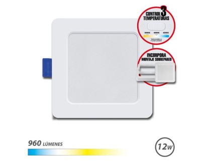 Elbat Downlight Cuadrado 12W - 960Lm - Selector 3 Temperaturas+Sobrepared - Color Blanco