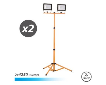Elbat Foco LED con Tripode 2 x 50W - 4250 Lumenes - 6500K Luz Fria - Cable de 3m - IP65 para Uso en Exterior