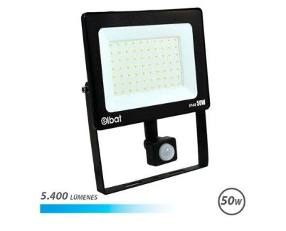 Elbat Foco LED de 50W - Potencia: 50W - Lumenes: 5400 - Sensor de Movimiento - 6.500K Luz Fria - 30.000 - 50.000 Horas de Vida - Angulo 120&ordm; - Proteccion: IP44 - Distancia Deteccion de Movimiento: 5 a 12 Metros