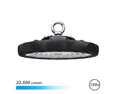 Elbat Lampara LED UFO de Techo - Potencia: 150W - Lumenes: 22500 - Luz Fria: 6500K - Ac 100-240V - Diametro: 28.6cm - Angulo ajustable - Color Negro