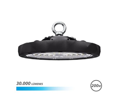 Elbat Lampara LED UFO de Techo - Potencia: 200W - Lumenes: 30000 - Luz Fria: 6500K - Ac 100-240V - Diametro: 32,8cm - Angulo ajustable - Color Negro