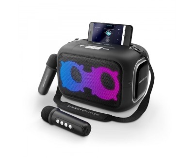 Energy Sistem KaraokeStar Altavoz 60W - Bluetooth 5.4 - True Wireless - IPX4 - 8h Autonomia - Luces LED - 2 Microfonos Inalambricos - Reproductor MP3 - Color Negro