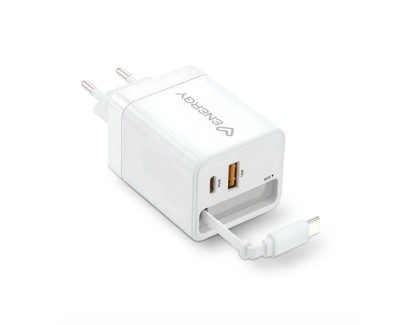 Energy Sistem Retractable Charger Cargador GaN 20W - 1x USB-C PD, 1xUSB-A + Cable USB-C 60cm Retractil - Carga Inteligente y Rapida - Control de Temperatura y Sobretension - Color Blanco
