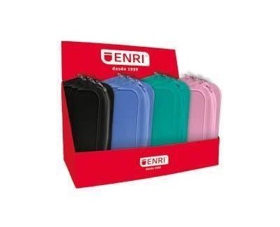 Enri Expositor de 20 Estuches de Silicona - Cierre de Cremallera - Asa de Transporte - Colores Negro, Verde Azulado, Azul y Rosa