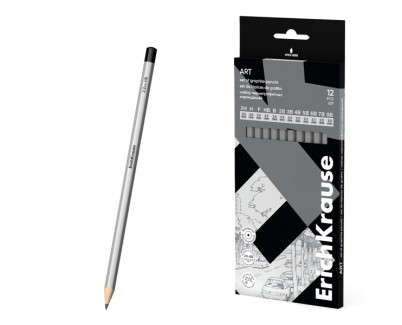 ErichKrause Art Pack de 12 Lapices de Grafito - Durezas Surtidas 2H-8B - Cuerpo Hexagonal - Pegado Completo de la Mina - Facil Afilado - Color Plata