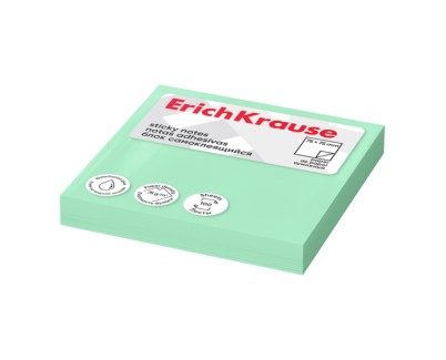 ErichKrause Bloc de 100 Notas Adhesivas Reposicionables - Papel de 75g/m2 - 75x75mm - Pegamento a Base de Agua - Color Verde