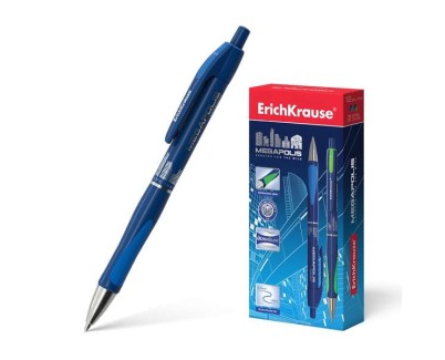 Erichkrause Boligrafo Automatico Megapolis Concept - Cuerpo Satinado Redondo - Zona de Agarre Ergonomica - Punta de 5 Canales - Tinta de Secado Rapido - Color Azul