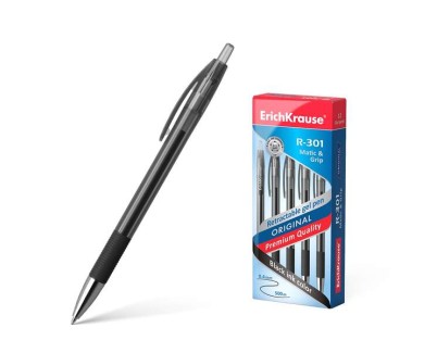 Erichkrause Boligrafo de Gel Automatico R-301 Original Gel Matic&Grip - Tinta de Gel de Secado Rapido - Cuerpo Transparente con Grip de Goma - Color Negro