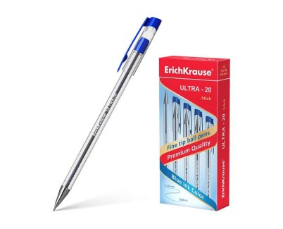 Erichkrause Boligrafo Ultra-20 - Punta Metalica de Tipo Aguja - Cuerpo Redondo Transparente con Grip - Tinta de Baja Viscosidad - Color Azul