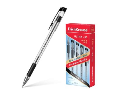 Erichkrause Boligrafo Ultra-30 - Recargable con Punta Fina Fine Tip - Cuerpo Transparente con Agarre de Goma - Tinta Color Negro - 2000m de Escritura Precisa y Rapida - Color Negro