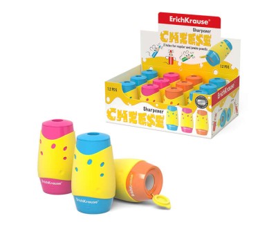 Erichkrause Cheese Sacapuntas con Deposito - 2 Orificios de 8 y 11mm - Dise&ntilde;o de Queso - Hoja de Acero al Carbono - Colores Surtidos