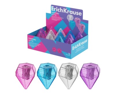 ErichKrause Diamond Expositor con 12 Sacapuntas con Contenedor - Plastico - Cuchilla Niquelada de Acero al Carbono - Orificio de 8mm - Colores Surtidos