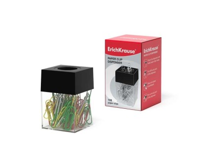 Erichkrause Dispensador Magnetico de Clips - Compacto y Elegante - Incluye 100 Clips de Colores - Color Transparente/Negro