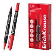 ErichKrause Double P-80 Rotulador Permanente Doble - Punta de Bala de 1.65mm - Punta de Aguja de 0.45mm - Resistente al Agua y a la Luz - Multisuperficie - Cuerpo Redondo - Color Rojo
