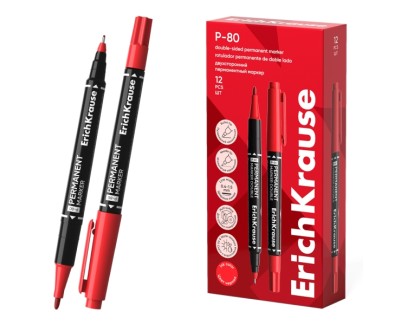 ErichKrause Double P-80 Rotulador Permanente Doble - Punta de Bala de 1.65mm - Punta de Aguja de 0.45mm - Resistente al Agua y a la Luz - Multisuperficie - Cuerpo Redondo - Color Rojo