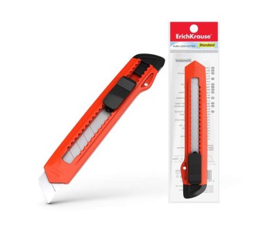 Erichkrause EasyCut Cuter con Fijador Push-Lock Standard 18mm - Sistema de Sujecion de Cuchilla con Seguro de Empuje - Cuchilla Segmentada de Acero - Color Aleatorio Naranja/Amarillo