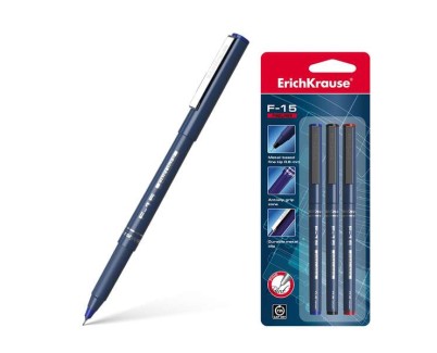 Erichkrause F-15 Pack de 3 Rotuladores Punta Fina - Trazo de 0.6mm - Clip Metalico - Color Negro, Azul y Rojo