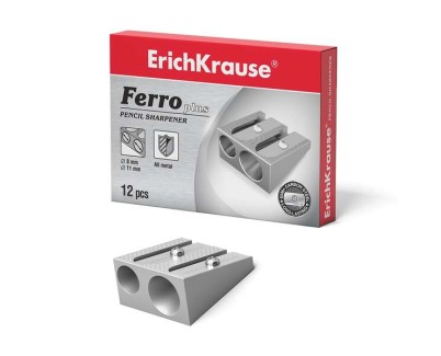 Erichkrause Ferro Plus - Sacapuntas Doble de Aluminio - Agarre Ergonomico - Dos Agujeros de 8mm y 11mm - Cuchilla de Acero al Carbono en Forma de Espiral - Color Plata