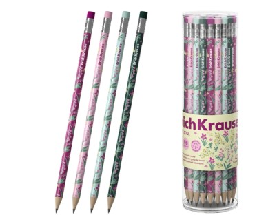 ErichKrause Floral Soul Lapiz de Grafito con Goma de Borrar - Mina HB - Cuerpo Redondo - Plastico - Agarre Ergonomico - Colores Surtidos