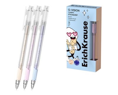 ErichKrause G-Vision Stick and Grip Yummy Boligrafo con Capuchon - Modelos Surtidos - Trazo 0.4mm - Tinta de Gel - Resistente al Agua - Agarre de Goma - Secado Rapido - Tapa Ventilada - Color Azul