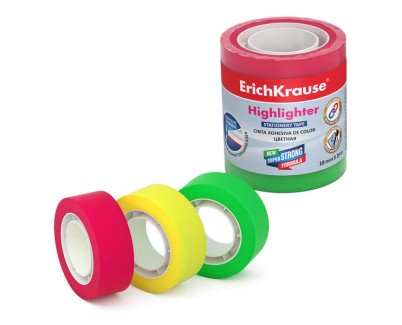 Erichkrause Hightlighter Pack de 3 Cintas Adhesivas - Medidas 18mmx20m - Colores Amarillo, Verde y Rosa Fluorescente