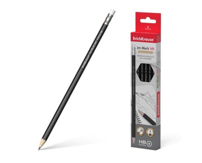 Erichkrause Jet Black 101 Lapiz de Grafito Hexagonal HB con Goma de Borrar - Resistente al Impacto - Color Negro