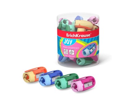 Erichkrause Joy Sacapuntas de Plastico - 1 Orificio de 8mm - Cuchilla de Acero al Carbono en Forma de Espiral - Clip de Sujeccion - Colores Surtidos