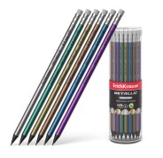 Erichkrause Metallic Lapiz de Grafito HB con Goma de Borrar - Cuerpo Redondo de Plastico - Colores Surtidos