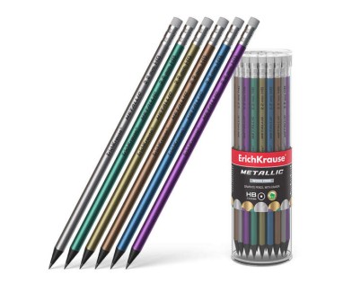 Erichkrause Metallic Lapiz de Grafito HB con Goma de Borrar - Cuerpo Redondo de Plastico - Colores Surtidos